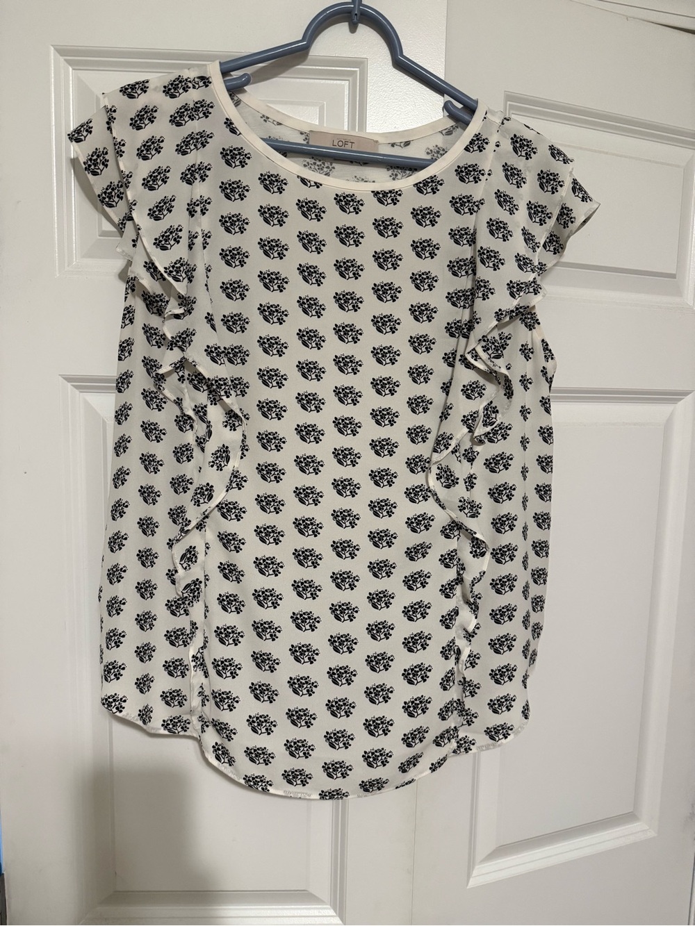 LOFT White Blouse with Black Floral Print and Ruffle Details